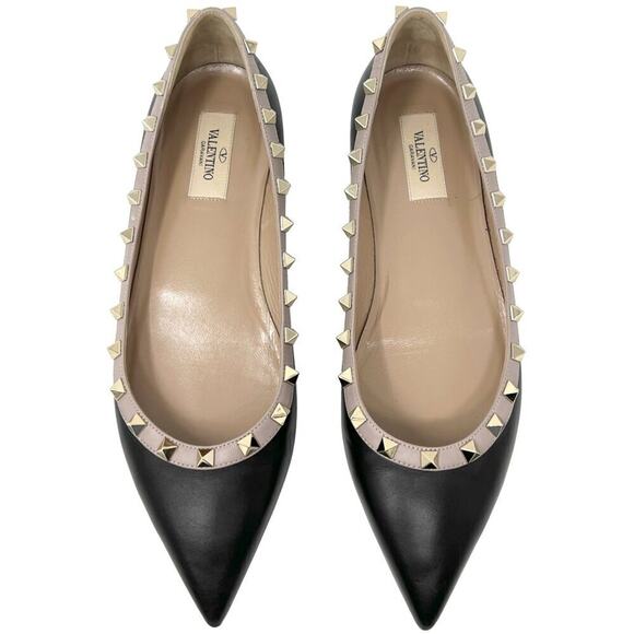 Valentino Rockstud Two-Tone Black Tan Leather Pointed Toe Flats- Size 40 - Picture 1 of 10